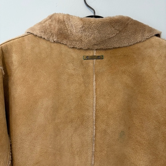GUESS Genuine Leather Shearling Coat Tan Long Vintage 90s Y2K Size L - Picture 9 of 13